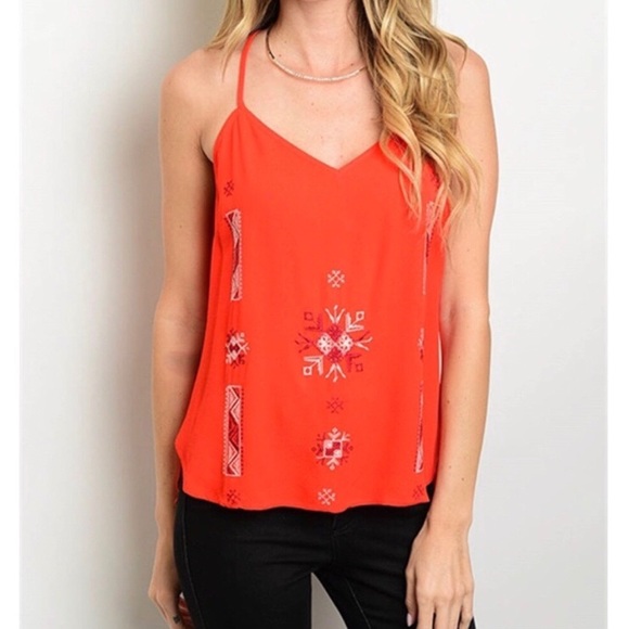 Sugar + Lips Tops - Red Embroidered Spaghetti Strap Top Size M